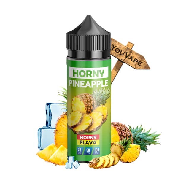 Le e liquide Horny Pineapple de Horny Flava est une recette d'ananas sucrée à souhait avec beaucoup de fraîcheur avec un ratio PG/VG de 50/50.