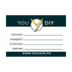 Étiquettes Diy vierges YouVape. Elles vous permettent de noter vos informations de préparation sur vos bouteilles de eliquides ou de concentrés diy.