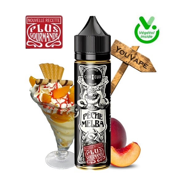 Le eliquide Pêche Melba, de la gamme Dessert, par Curieux est une recette pleine de gourmandise avec sa pêche gorgée de soleil et sa douce crème fouettée. Ce e-liquide pour cigarette électronique est fabriqué en France avec une base 100% Végétale et un ratio de 40/60 Végétol / VG. Vendu en flacon de 50ml.