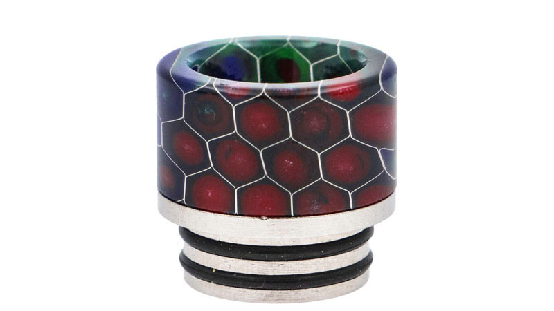 Drip Tips 810 avec joints, en Acier et Résine nid d'abeille, disponibles en 8 couleurs : blanc, noir, vert, rouge, orange, bleu, violet, rouge et vert.