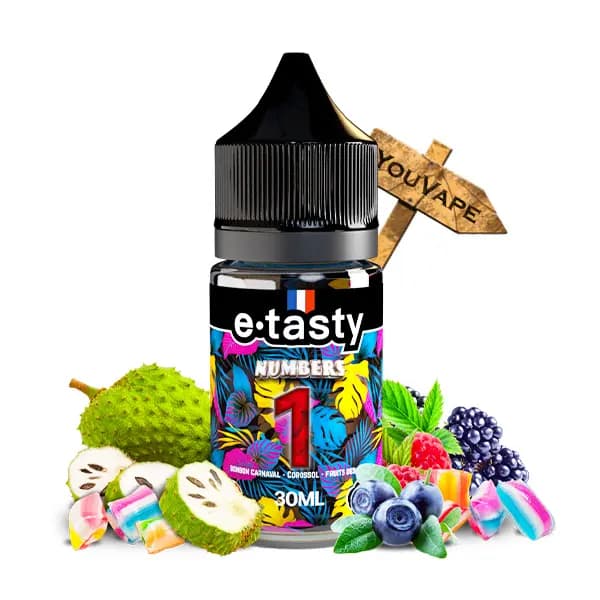 L'arôme concentré Numbers 1 30ml de Etasty vous offre un bonbon fruité, plein de peps à base de bonbon Carnaval, de jus de Corossol et de fruits des bois.