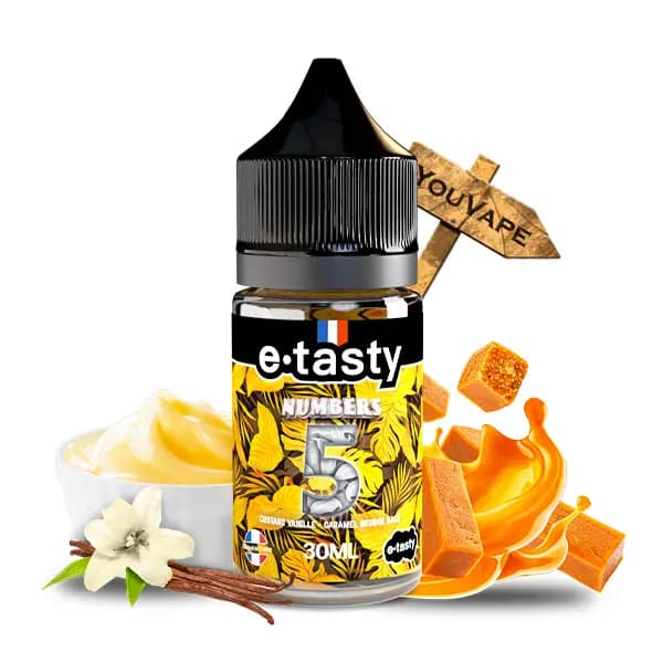 L'arôme concentré Numbers 5 30ml de Etasty vous offre une pure gourmandise à base de Custard Vanille relevée de Caramel au beurre salé et d'un nappage de Chantilly.