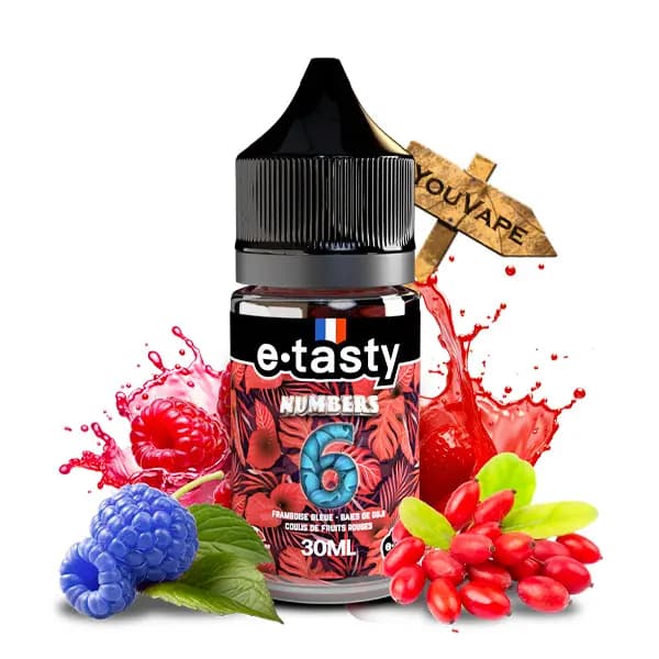 L'arôme concentré Numbers 6 30ml de Etasty est une saveur bien fruitée à base de framboise bleue, de baie de goji et d’un coulis de fruits rouges.