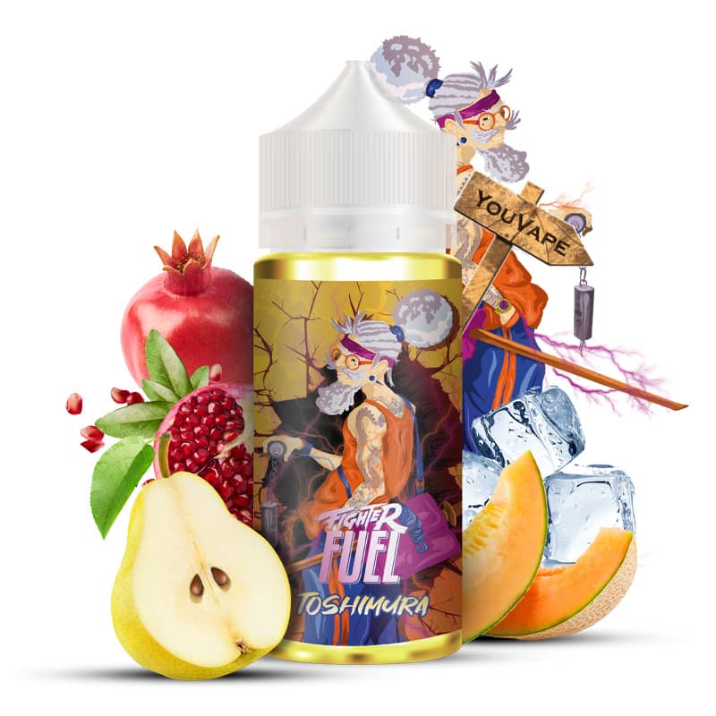 Le e liquide Toshimura de Fighter Fuel vous propose un jus de Poires et de Melons glacés, relevés par une grenade  bien rouge et sucrée.