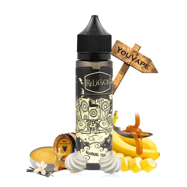 Le e liquide Baanana Trip de Religion Juice vous propose une recette gourmande, toujours vieillie en fût de chêne, composée d'une banane rôtie arrosée de caramel, accompagnée d'une crème custard aux éclats de meringue.