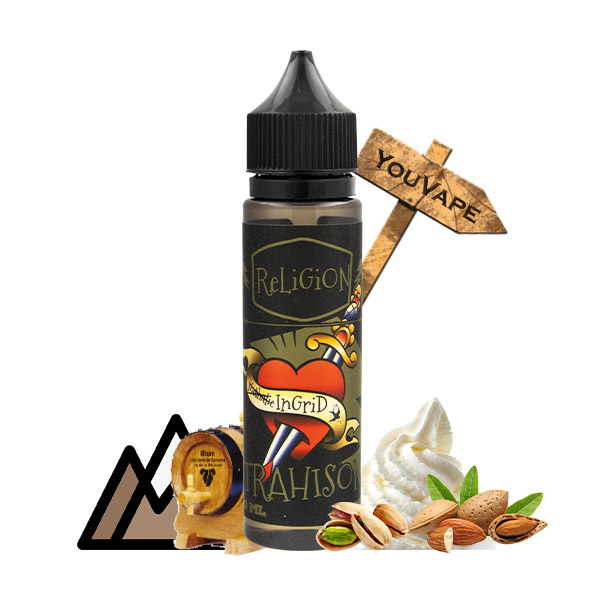 Le e liquide Trahison de Religion Juice vous propose un classic gourmand, vieilli en fût de chêne, qui assemble un tabac blond et une crème généreusement garnie d'amandes et de pistaches.