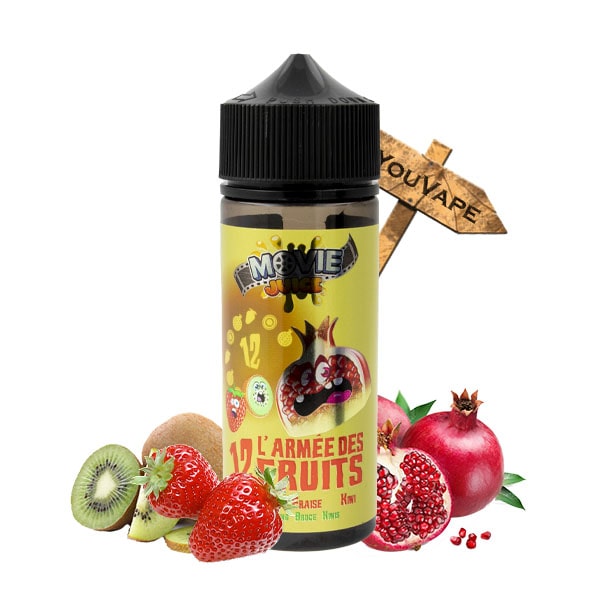 Le e liquide L'Armée des 12 Fruits de Movie Juice par Secret's Lab vous propose de partir à la bataille accompagnée de vos soldats Kiwi, Fraise et Grenade pour sauver la planète.