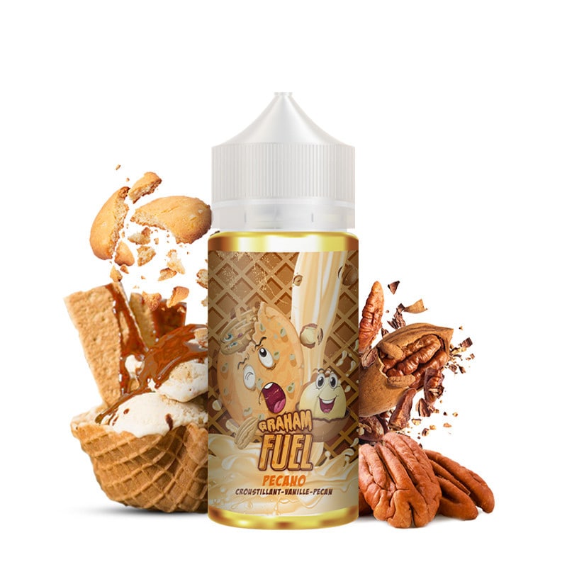 Le e liquide Pecano de la gamme Graham fuel par les Ateliers Just vous offre un cracker Graham nappé de vanille glacée garnie d'éclats de noix de pécan.