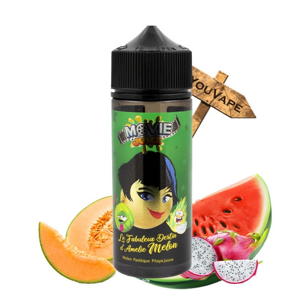 Le e liquide Le Fabuleux Destin d'Amelie Melon de Movie Juice est l'union des amis Fruits du Dragon, Pastèque et Melon qui partent à la découverte d'une aventure fruitée.