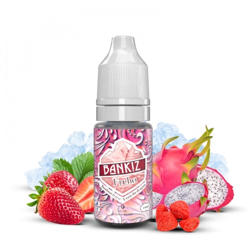 Le e liquide Freho de la gamme Bankiz de E.tasty vous offre un jus de fruits du dragon glacial, boosté avec des bonbons à la fraise.