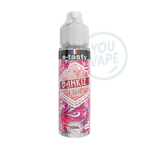 Le e liquide Freho de la gamme Bankiz de E.tasty vous offre un jus de fruits du dragon glacial, boosté avec des bonbons à la fraise.