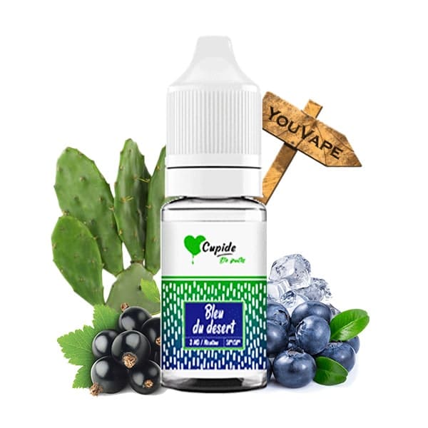 Le e liquide Bleu du Desert de Cupide est un mélange fruité à base de myrtille fraîche, de cassis acidulé et de jus de cactus.