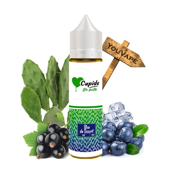 Le e liquide Bleu du Desert de Cupide est un mélange fruité à base de myrtille fraîche, de cassis acidulé et de jus de cactus.