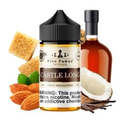 Le liquide Castle Long de Five Pawns est un mélange de noix de coco agrémenté de vanille de madagscar, bourbon et saupoudré de sucre.
