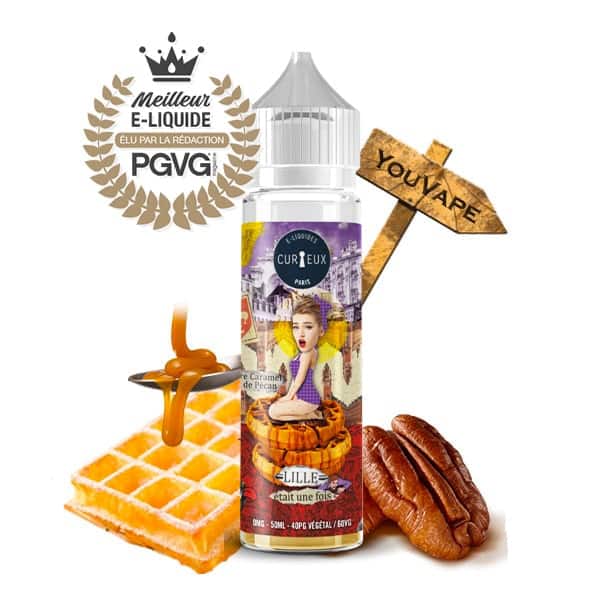 Le e liquide Lille Etait une Fois par Curieux est une généreuse gaufre recouverte de caramel et de noix de pécan.