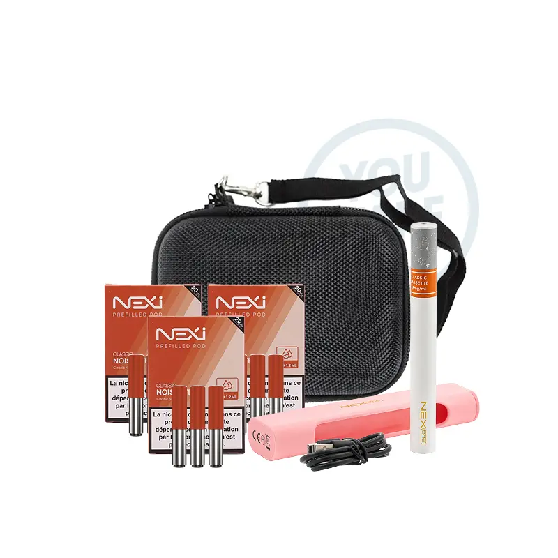 E-Cigarette Nexi One de Aspire avec 3 packs de 3 cartouches 20mg/ml, une sacoche de rangement et un câble USB-C