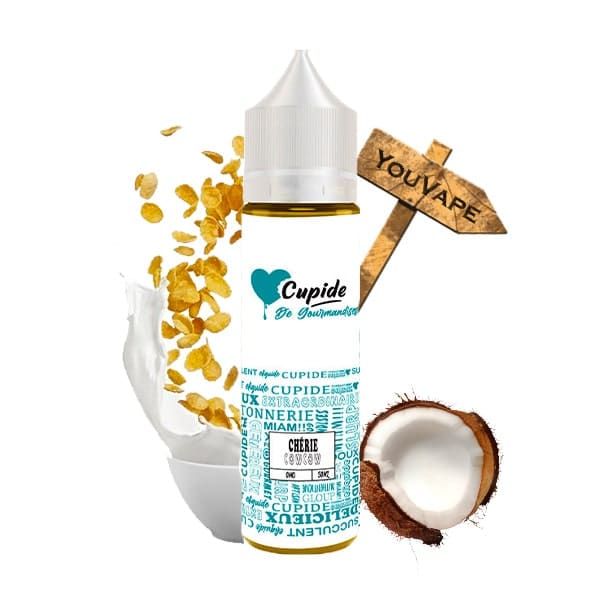 Le e liquide Chérie Cowcow de Cupide est un délice gourmand à base de céréales corn flakes accompagné de ses copeux de noix de coco, le tout vielli en fût de chêne.