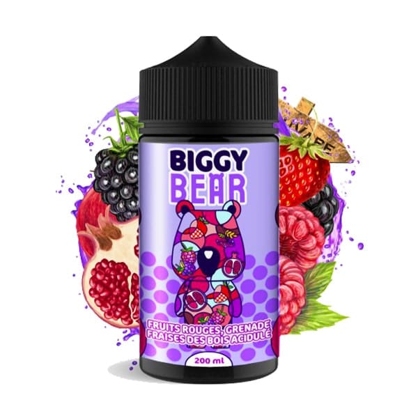 Le e liquide Fruits Rouges Grenade Fraise des Bois Acidulée Lemon Biggy Bear est un mélange fruité parfaitement dosé entre sucrosité et acidité.