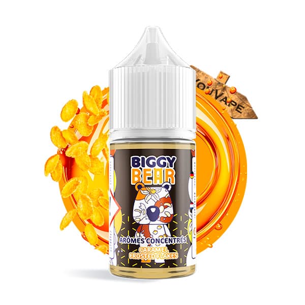 L'arôme concentré Caramel Frosted Flakes 30ml de la marque Biggy Bear est inspiré des petits-déjeuners d'enfance, retrouvez une symphonie de saveurs, combinant le goût croustillant des céréales Corn Flakes enrobées de caramel et d'une légère touche de glaçage sucré.