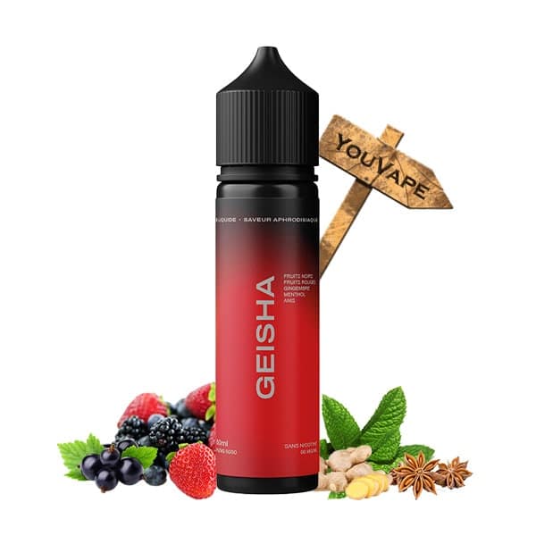 Le e-liquide Geisha de Dorcel aiguise vos sens avec cocktail de Fruits Noirs et Rouges, relevés de touches de gingembre, de menthe et d'anis.