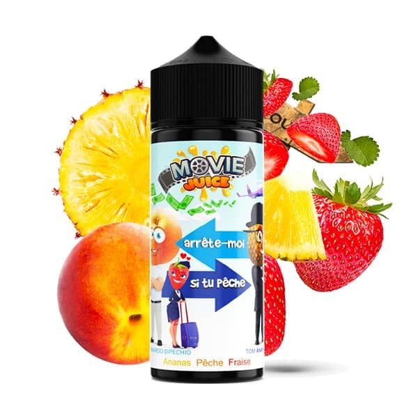 Le e liquide Arrête Moi si tu Pêche de Movie Juice est la plus belle des pêches agrémentées d'ananas juteux et de fraises fraîches.