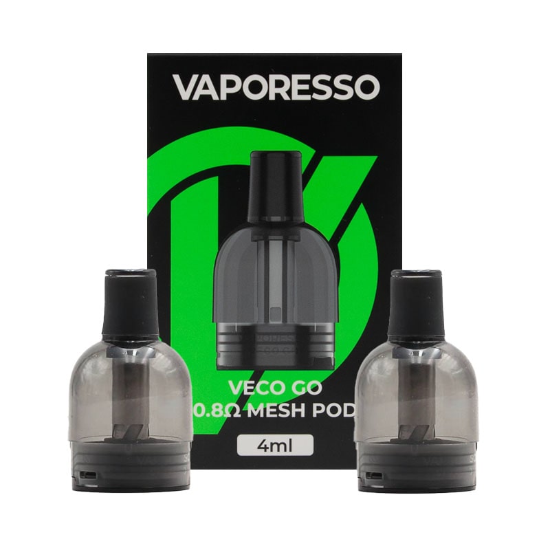 Pack de 2 cartouches à résistance intégrée pour le pod Veco Go de Vaporesso, d''une contenance de 5ml. Les résistances ont une valeur de 0.80 ou 0.60 ohm, pour vapoter en tirage serré ou plus aérien.