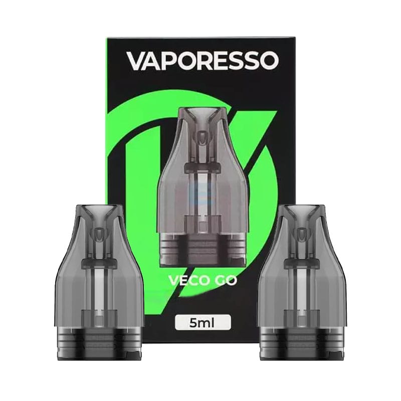 Pack de 2 cartouches à résistance intégrée pour le pod Veco Go de Vaporesso, d''une contenance de 5ml. Les résistances ont une valeur de 0.80 ou 0.60 ohm, pour vapoter en tirage serré ou plus aérien.