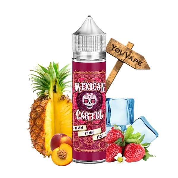 Le e liquide Ananas Fraise Peche 50ml de Mexican Cartel vous fait découvrir une recette fruitée aux saveurs douces, rafraîchissantes et sucrées.