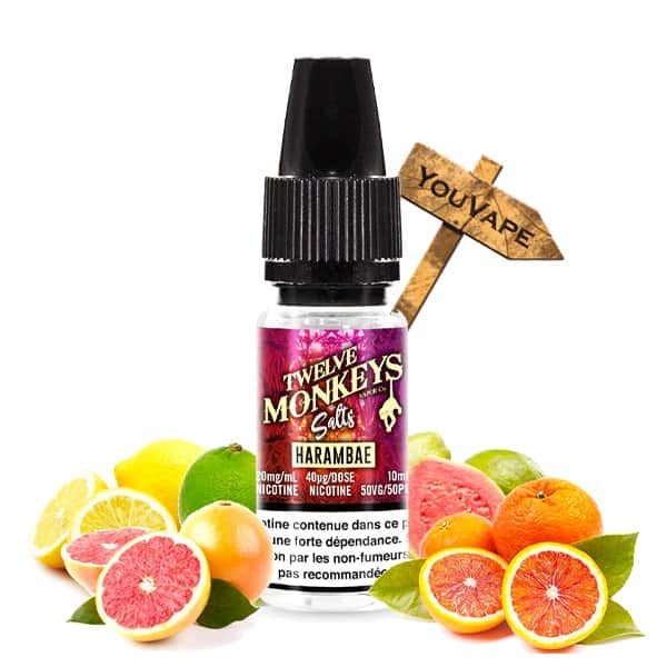 Le e liquide Harambae Salts de Twelve Monkeys est un mélange d'agrumes agrémenté de goyave pour obtenir une saveur tropicale acidulée.