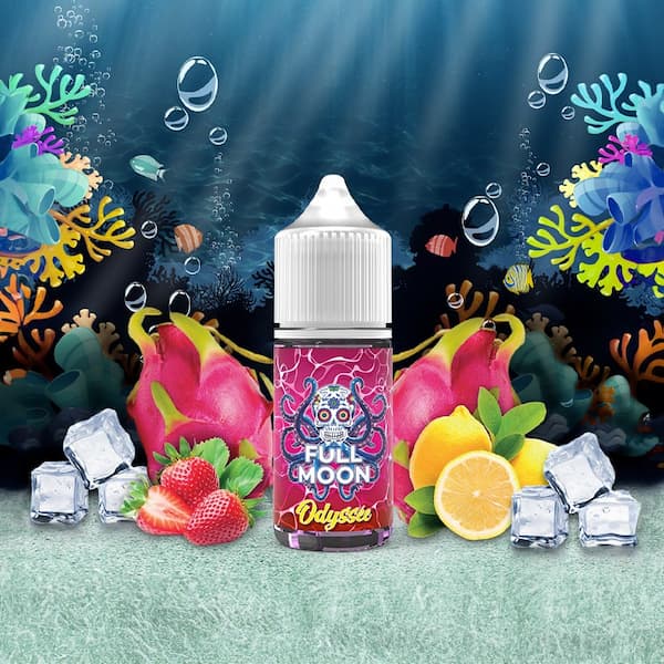 Le concentré Odyssée Abyss de Full Moon vous fait explorer de délicieuses saveurs exotiques avec du fruit du dragon, des fraises et du citron bien frais.