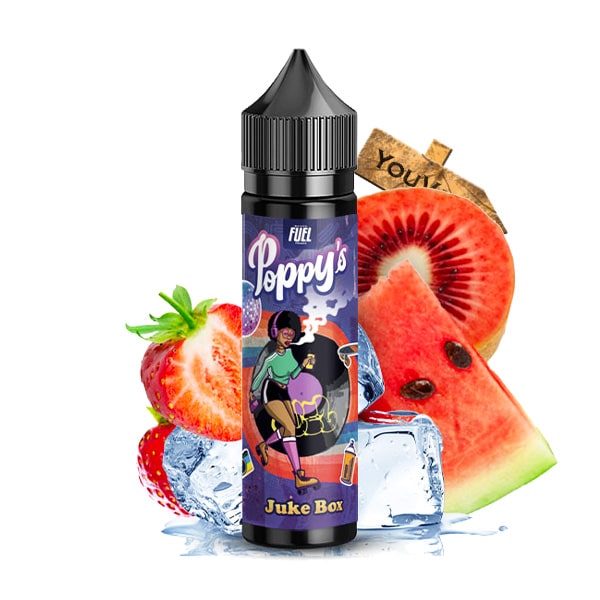 Le e liquide Juke Box par Poppy's vous emmène sur le dance floor de la pastèque au rythme acidulé de fraises et de kiwis rouges avec son tempo de fraîcheur.