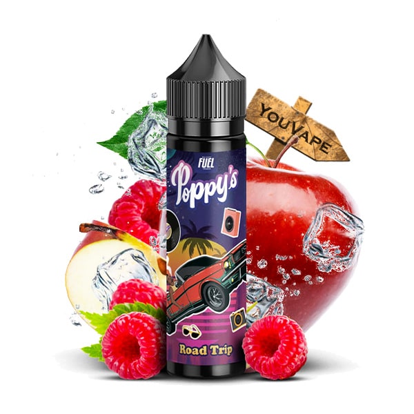 Le e liquide Road Trip par Poppy's vous embarque à bord d'un voyage autour de la pomme rouge accompagnée de framboise sur le rythme de la brise fraîche.