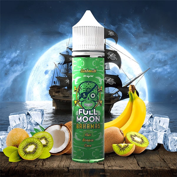 Le eliquide Bahamas 50ml par Full Moon vous emmène en bateau pirate sous les tropiques déguster un cocktail de kiwi, banane et noix de coco.