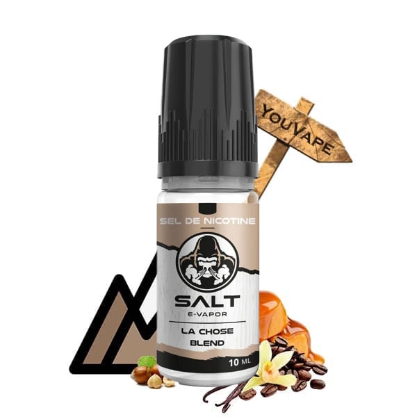 La Chose Blend Salt de chez le French Liquide propose un tabac gourmand qui associe le tabac blond à du caramel au beurre salé, de la vanille, du café, des noisettes et des noix de pécan, la célèbre recette de La Chose.