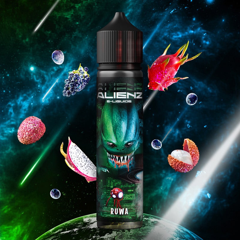 Le e liquide Ruwa du fabricant Français AlienZ vous offre un élixir intergalactique aux fruits du dragon, litchis et raisins légèrement frais.