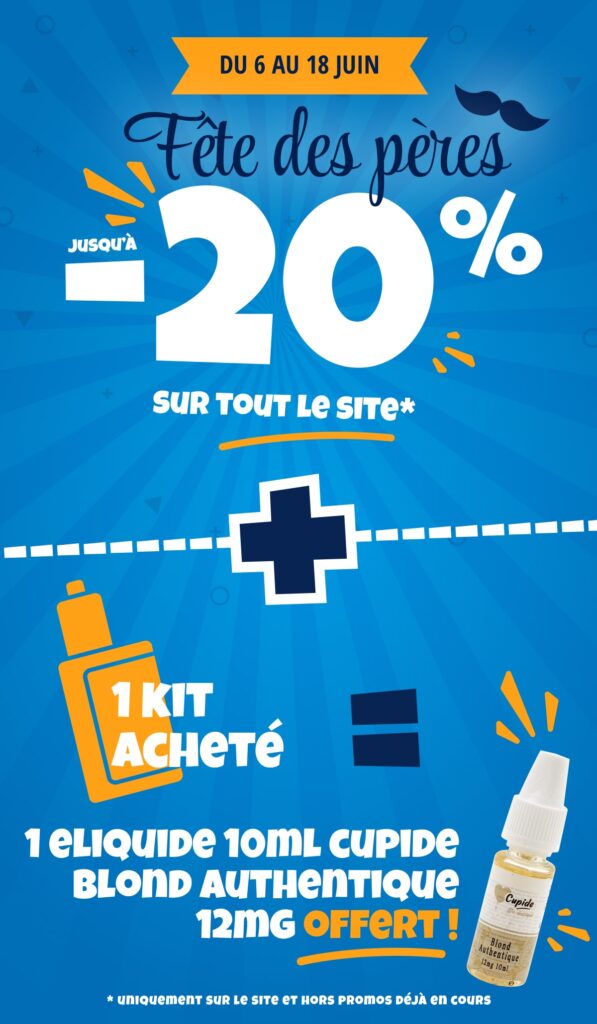 promo cigarettes électroniques et eliquides jusqu'à -20% + 1 kit acheté = 1 eliquide offert sur tout le site youvape.fr
