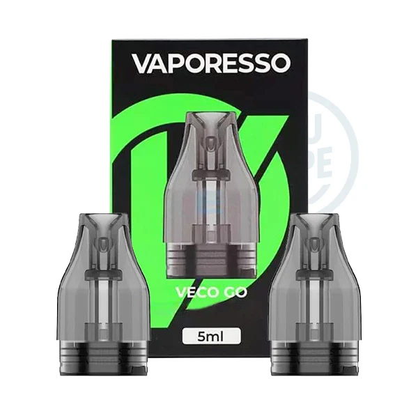 Pack de 2 cartouches à résistance intégrée pour le pod Veco Go de Vaporesso, d''une contenance de 5ml. Les résistances ont une valeur de 0.80 ou 0.60 ohm, pour vapoter en tirage serré ou plus aérien.