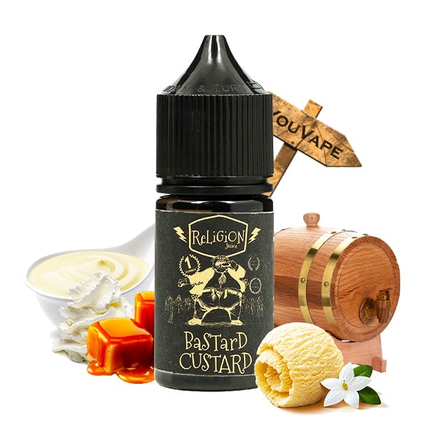 L'arôme Concentré Bastard Custard 30ml de Religion Juice est la custard vanille par excellente avec son caramel, sa glace vanille et sa touche de chantilly, le tout vieilli en fût de chêne.