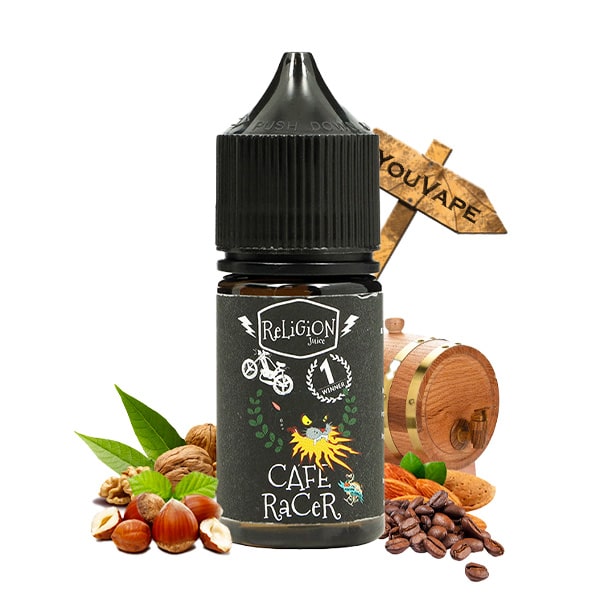 L'arôme concentré Cafe Racer 30ml de Religion Juice est un café fraîchement moulu associé à des noisettes et autres fruits à coques. Il a été steppé en fût de chêne.