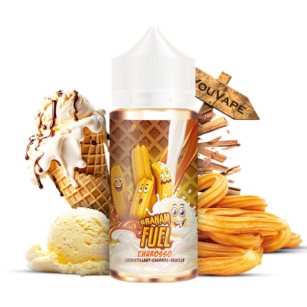 Le e liquide Churosso de la gamme Graham fuel est un cornet de churros caramélisés accompagné d'une délicieuse crème glacée à la vanille.