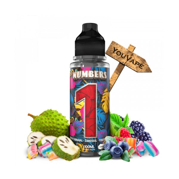 Le e liquide Numbers 1, de la gamme Numbers de E.tasty, vous propose une confiserie fruitée : un Bonbon Carnaval, accompagné d'un jus de Corossol et de Fruits des bois pour apporter une touche d'acidité.