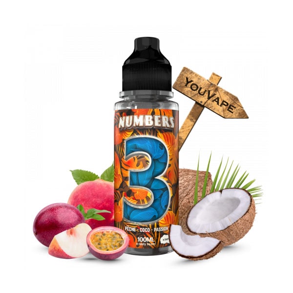 Le e liquide Numbers 3, de la gamme Numbers de E.tasty, vous faire vivre un voyage tropical, avec son cocktail de Pêche, de Fruit de la Passion et de noix de Coco.