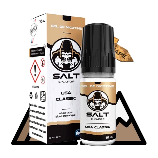 Le e liquide Usa Classic Salt de chez French Liquide propose une saveur de tabac blond type américain plutôt doux.