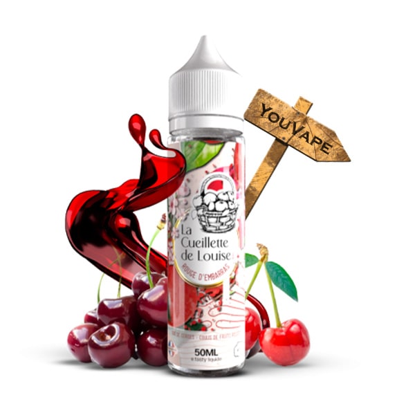 Le e liquide Rouge d'Embarras de la gamme La Cueillette de Louise vous propose un panier rempli de cerises bien mûres.