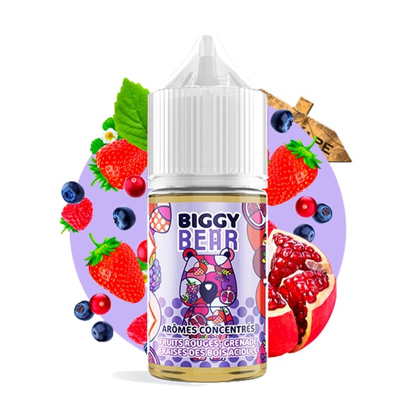 L'arôme concentré Fruits rouges Grenade Fraise des bois acidulée 30ml de la marque Biggy Bear est un mix de fruits rouges définitivement efficace ! Rehaussée par une grenade bien juteuse, cette cueillette de fruits rouges vous promet une vape pleine de saveurs !