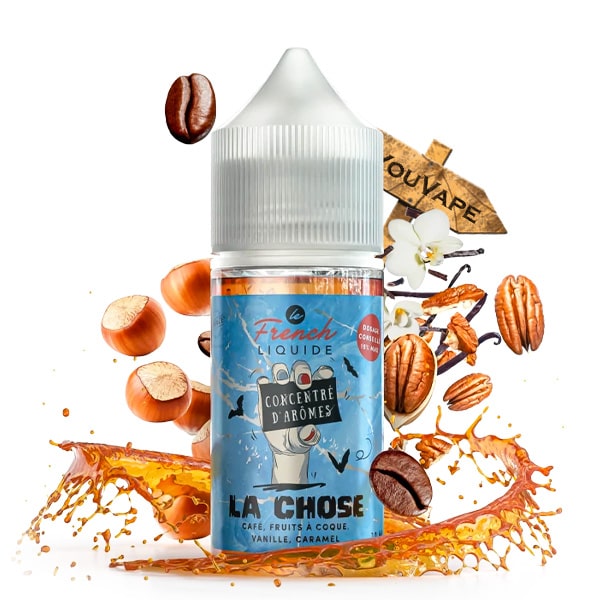 L'arôme concentré La Chose 30ml de The French Liquide vous propose des saveurs gourmandes de caramel au beurre salé, vanille, café, noisette et noix de pécan.