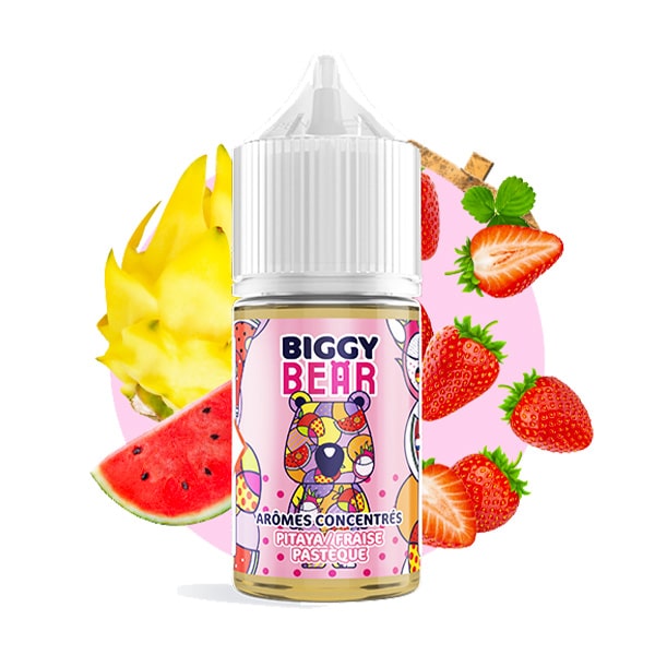 L'arôme concentré Pitaya Fraise Pastèque 30ml de la marque Biggy Bear développe une saveur délicieusement sucrée de fraise puis ressentez la fraîcheur de la pastèque, alliée à la douceur enivrante du pitaya.