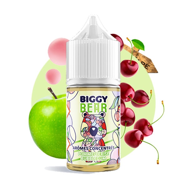 L'arôme concentré Pomme Cerise Bubble Gum 30ml de la marque Biggy Bear vous fait découvrir une pomme fraîche et acidulée avec une cerise intense et juteuse, mêlées à l'aspect gourmand du bubble-gum, pour un rendu en bouche à la fois doux et explosif !