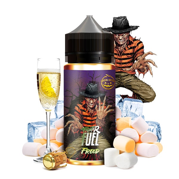 Le e liquide Freed de Fighter Fuel va éveiller vos sens ! Découvrez l'icône cauchemardesque que Freed représente au travers d'un délicieux assemblage autour du charme et de l'effroi. Sa combinaison de Mashmallow, de champagne et de notes fruitées alliés à son incroyable fraîcheur vous glacera le sang ! Ce e liquide pour cigarette électronique est fabriqué en France avec un ratio de PG/VG 30/70. Vendu sans nicotine en flacon de 120ml, il est rempli à 100ml afin de vous laisser de la place pour ajouter vos boosters de nicotine.