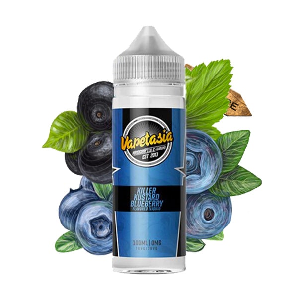 Le e liquide Killer Kustard Blueberry de Vapetasia est une délicieuse crème vanille custard accompagnée de délicates myrtilles pour apporter une touche d'acidité.